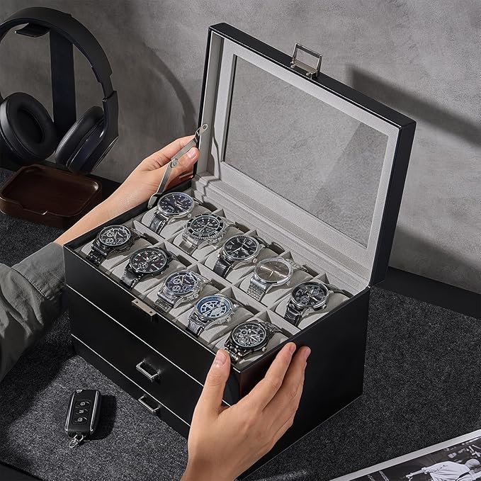 ProCase 20 Slot Watch Box for Men, 3-Layer Watch Display Case with Glass Lid, Watch Holder with Drawer, Jewelry Storage Organizer for Watches Straps Rings -Black