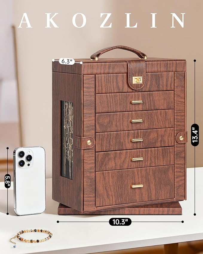 AKOZLIN 360° Rotating Jewelry Box Extra Large 6-Tier Organizer Functional Jewelry Storage Case for Women Girls Ring Necklace Earring Bracelet Holder with Mirror Red Brown