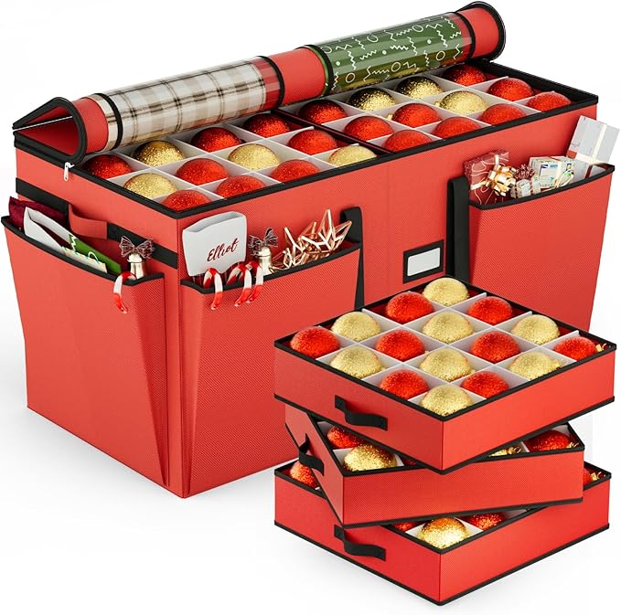 VERONLY Christmas Ornament Storage Box with 8 Trays, Christmas Storage Container for 128-3'' Holiday Ornament Decorations, Large Xmas Organizer with Adjustable Dividers, Dual Zipper and Pocket