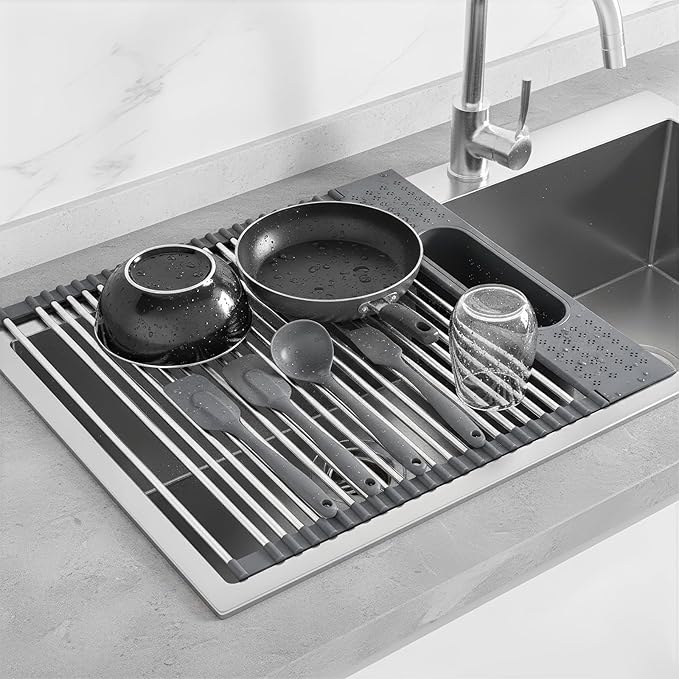 KEGFRES Roll Up Dish Drying Rack Over Sink, 17.5" x 15.2" Foldable SUS304 Stainless Steel Kitchen Dish Drainer, Heat-Resistant Multipurpose Rolling Sink Rack Organizer,Grey