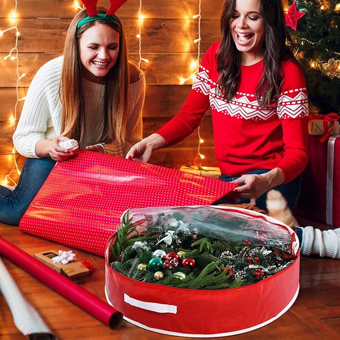 4 Pcs 24 Inch Christmas Wreath Storage Bag Candy Cane Wreath Storage Container Clear Window Dual Zipper Handle Red White Peppermint Garland Organizer for Holiday Decoration, Cute Lollipop