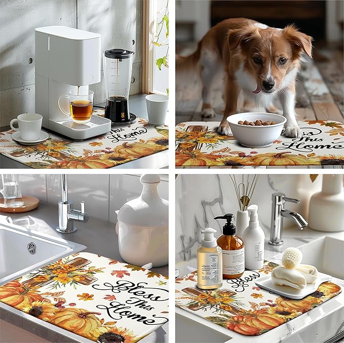 Wnoesat Fall Drying Mat for Kitchen Counter Autumn Thanksgiving Pumpkin Cross Dish Mat Sunflower Maple Leaf Absorbent Microfiber Dish Draining Mat Reusable Dishes Pad Extra Large 18"x24"