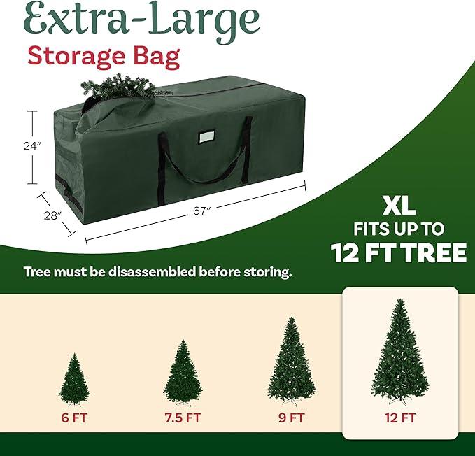 Rolling Christmas Tree Storage Bag- For 12 FT Artificial Trees-Green Canvas Duffel with Wheels-Protects Holiday Decorations & Inflatables by Elf Stor