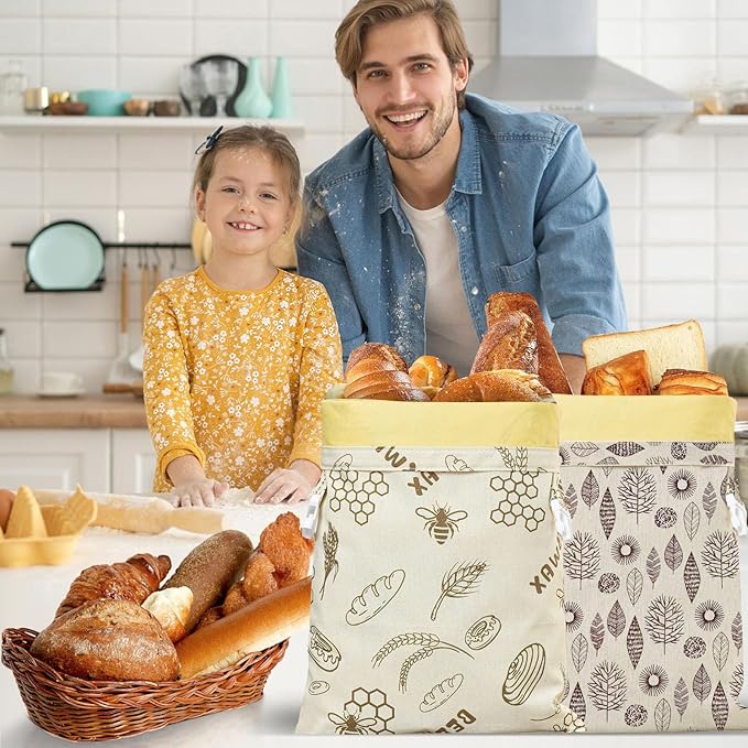 2 Pack Reusable Beeswax Storage Bags – Sourdough Bread Bags for Homemade Organic Cotton Waxed Food Bags for Freezer & Refrigerator Safe, Eco-Friendly Reusable Wraps to Keep Baked Goods Fresh Longer