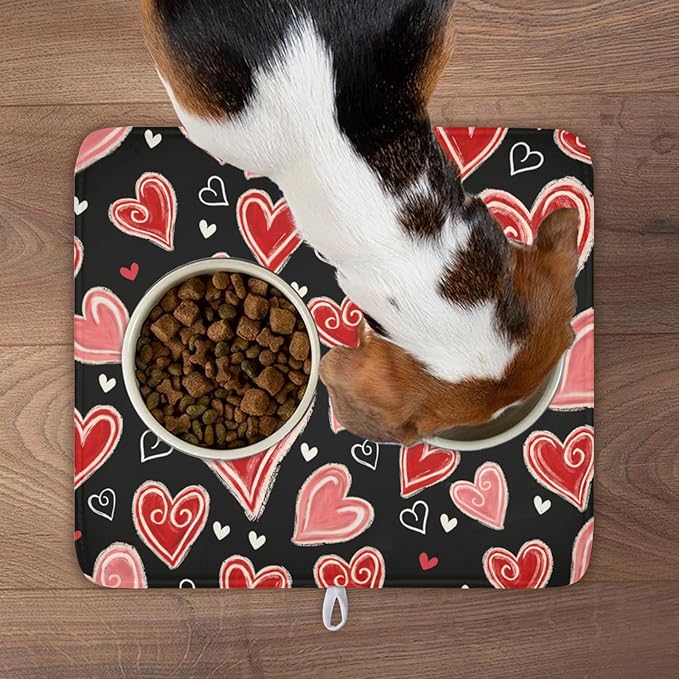 Valentines Day Dish Drying Mat for Kitchen Counter 18x16 Inch Black Red Heart Drying Mat with Absorbent Reversible Microfiber Love Dish Drainer Mats Rack Pad for Coffee Countertop Protector