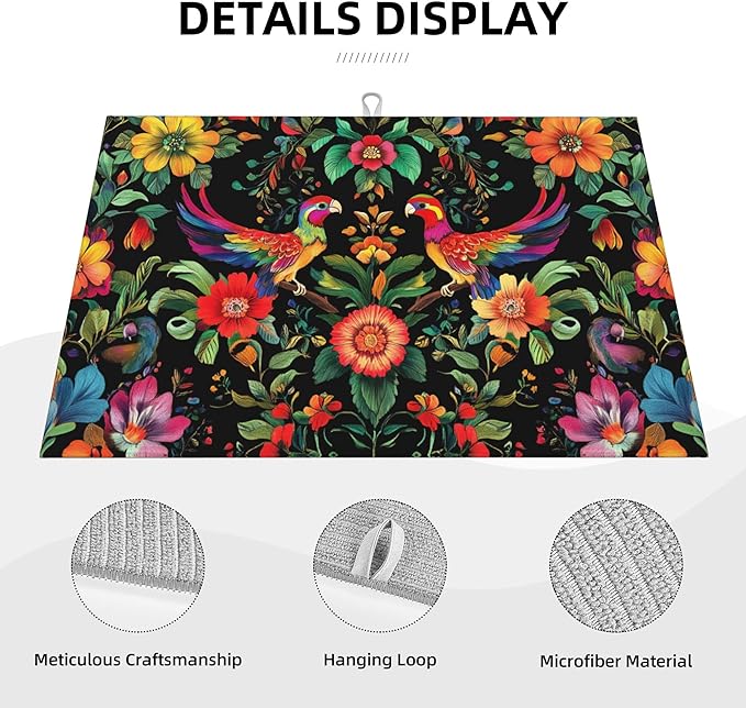 Mexican Flowers Dish Drying Mat for Kitchen Counter Microfiber Super Absorbent Non-Slip Dish Drying Pad for Countertops Dishes Utensils Stylish Quick-Dry Machine Washable 18x24 Inch