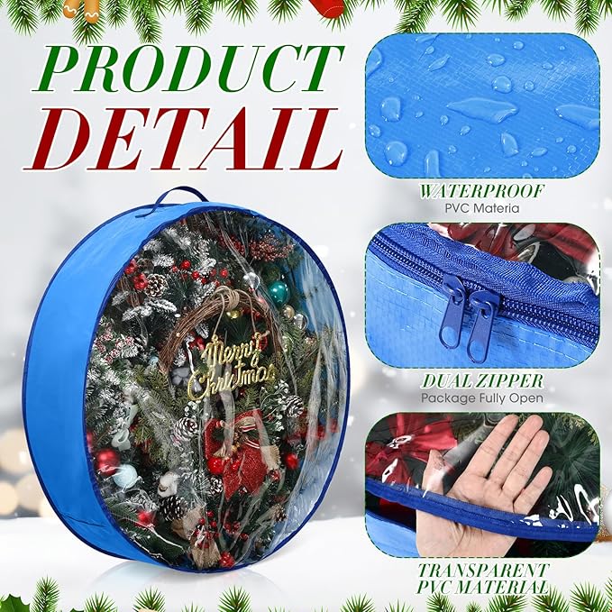 Aliceset 4 Pack Wreath Storage Containers, Christmas Ornament Garland Wreath Storage Bags with Handle Dual Zipper Large Decorative Storages Box for Winter Wreaths(30 x 30 x 7.8 Inch,Blue)