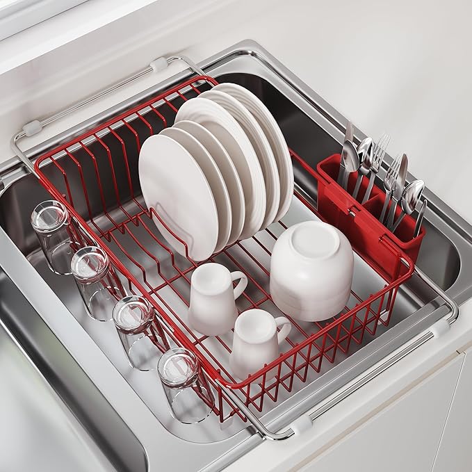 JASIWAY Dish Drying Rack in Sink, Red Dish Dryer Racks Over Sink, Dishes Drainers for Kitchen Sink, Stainless Steel Plates Drying Rack with Utensil Holder & Cups Holder