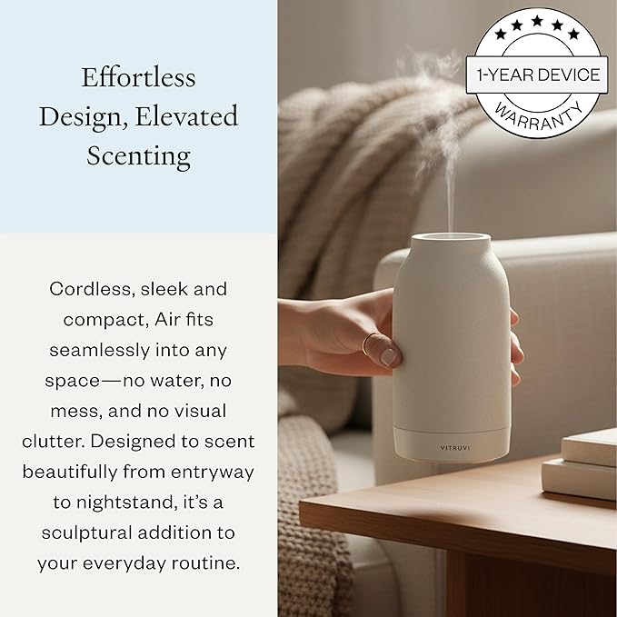 Vitruvi Air Cordless Diffuser – Portable Ultrasonic Aroma Diffuser, Waterless Cold-Air Technology, Up to 18-Hour Runtime, Whole-Room Scent Coverage, Sleek Minimalist Design