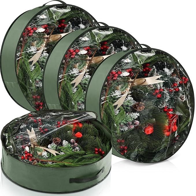 4 Pack Wreath Storage Container, 24 Inch Christmas Wreath Storage Box with Clear Window and Handles Upgrade Oxford Cloth Garland Bags with Dual Zipper for Xmas Wrapping, Green