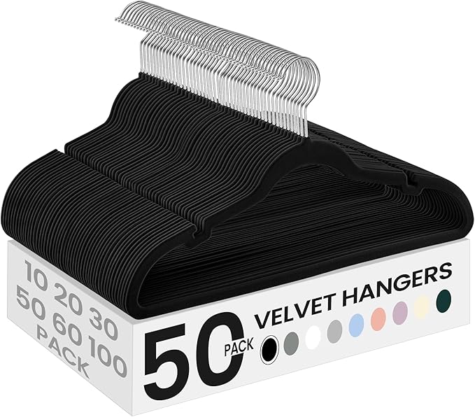 SONGMICS Velvet Hangers 50 Pack, Non-Slip Clothes Hangers, with Shoulder Notches, Pants Bar, 360° Swivel Hook, Space-Saving, for Closet, Ink Black UCRF029B05
