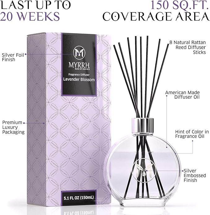 Lavender Blossom Scented Reed Diffuser Set with 8 Rattan Diffuser Sticks, 150 ml, All Natural Air Freshener, Long-Lasting Diffusers at Home - MyrrhUSA