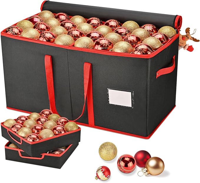 Christmas Ornament Storage Box, Ornament Storage Organizer Fits 128 of 3 inch Ornament Balls, 8 Removable Tray Ornaments Storage Containers with Dividers to Store Xmas Holiday Decor(Black)