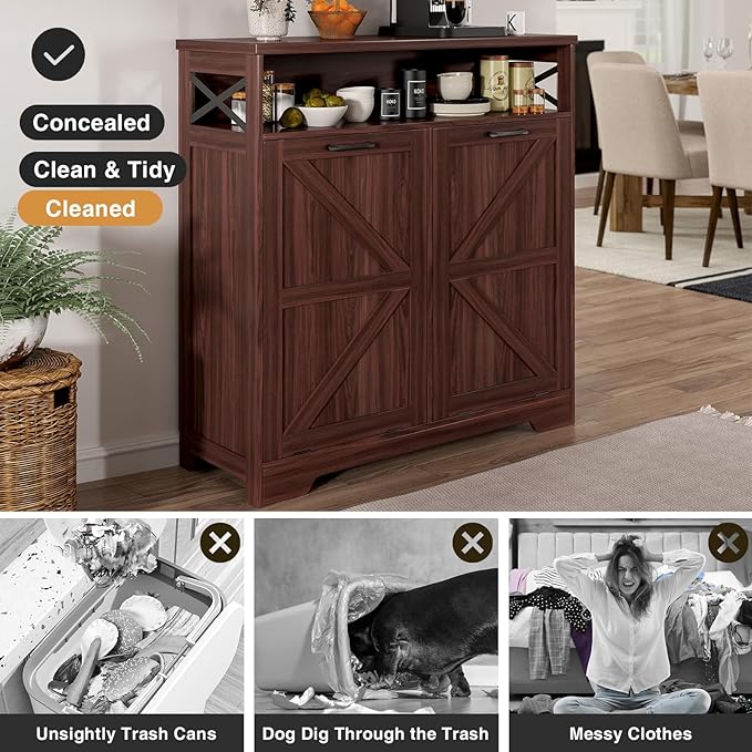 Double Tilt Out Trash Can Cabinet for 13 * 2 Gallon Garbage Can, Farmhouse Kitchen Garbage Trash Bin for Hidden Laundry Basket, Dual Dog Proof Recycling Cabinet for Living Room, Dark Brown