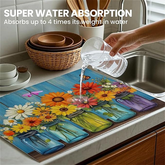 Dish Drying Mat For Kitchen Counter, Vintage Daisy Flower Microfiber Absorbent Dish Drainer Rack Pad Reusable Large 18x24in Drying Mat