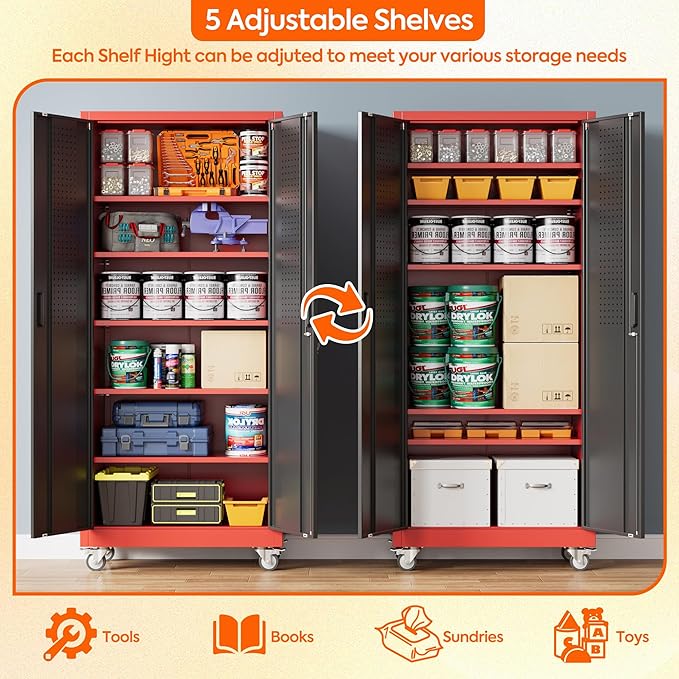 Garage Storage Cabinet with Wheels and Pegboard, 71" H x 32" W x 16" D Lockable Metal Storage Cabinet with 5 Adjustable Shelves and 2 Doors for Garage Home, Assembly Required, Black and Red
