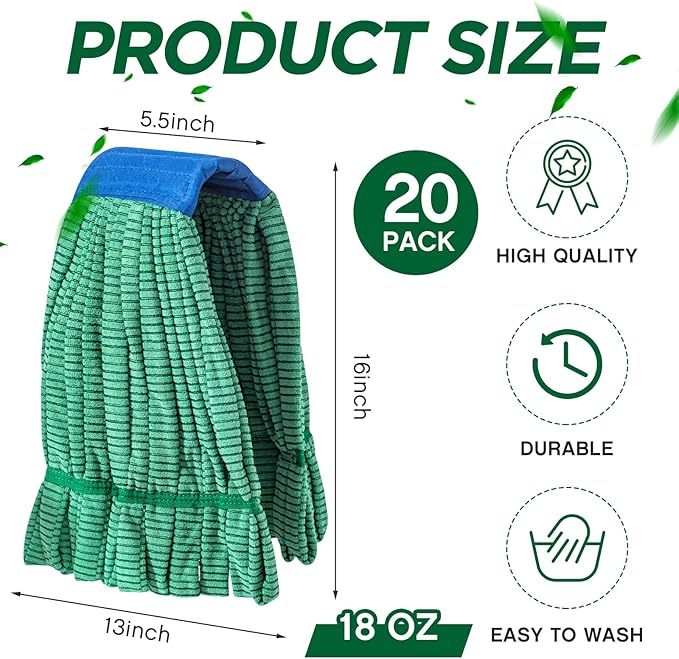 Hushee 12 Pack Large Microfiber Tube Mop Heads 18 oz Heavy Duty Commercial Industrial Wet Mop Head Refill Reusable Machine Washable Looped End Mopheads for Hardwood, Tile, Laminate Floors, Green