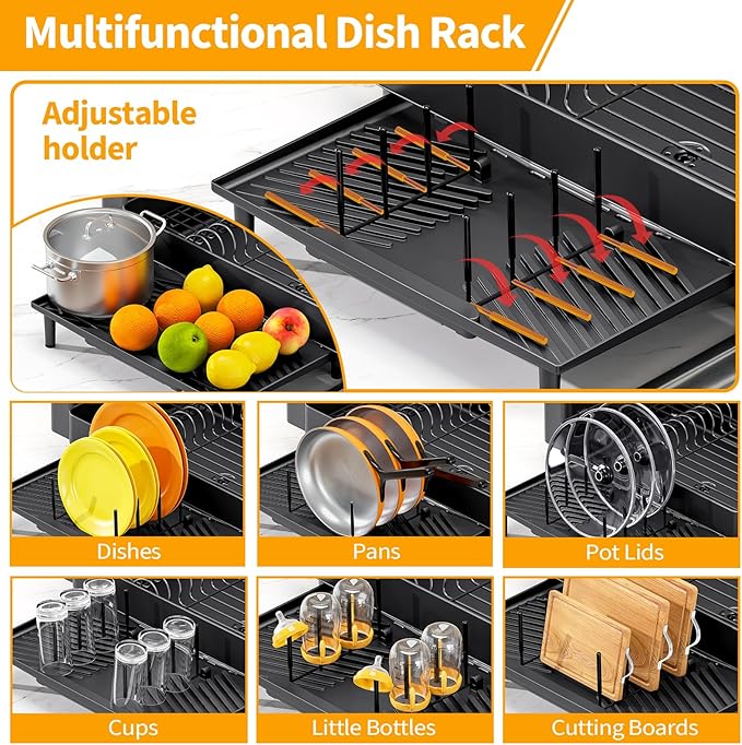 Urackify Dish Rack for Kitchen Counter, 304 Stainless Steel Dish Drying Rack, Expandable Dish Drainer, Foldable Kitchen Storage Organizer with Cutlery Holder, Plate Rack, Black