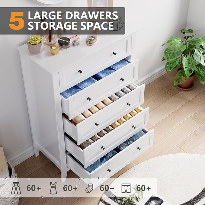 Modern 5 Drawers Dresser for Bedroom, Tall Wood Chest of Drawers for Clothes, Big Storage Dressers Organizer with Gold Handles & Deep Drawers, Living Room, Closet, Hallway, White