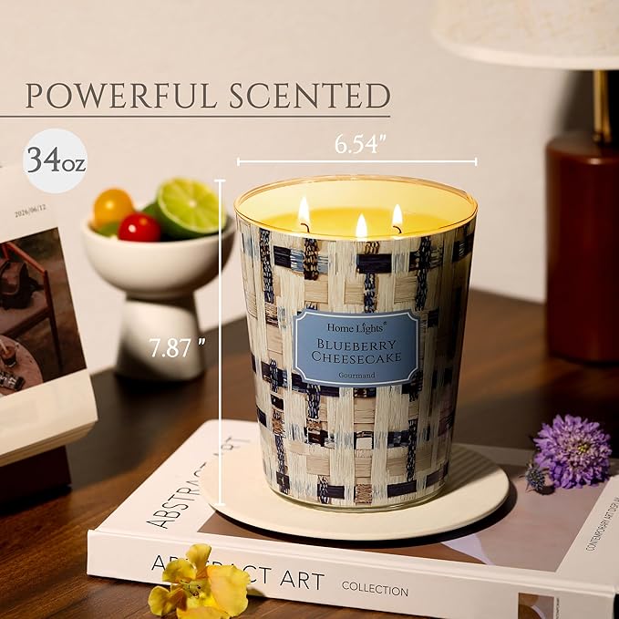 HomeLights Scented Candles | Large Jar 34 Oz Natural Soy Candle | 130 hrs Long-Lasting with 3 Wicks | Rustic Modern Home Decor | Gifts for Mom & Women, Blueberry Cheesecake