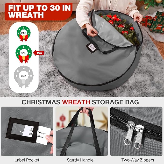 3 Pack Christmas Tree Storage Bag, for 7.5 Ft Artificial Trees up, Durable Waterproof With Reinforced Carrying Handles, Xmas Holiday Garland Bag Storage Case (7.5 Ft, Grey)