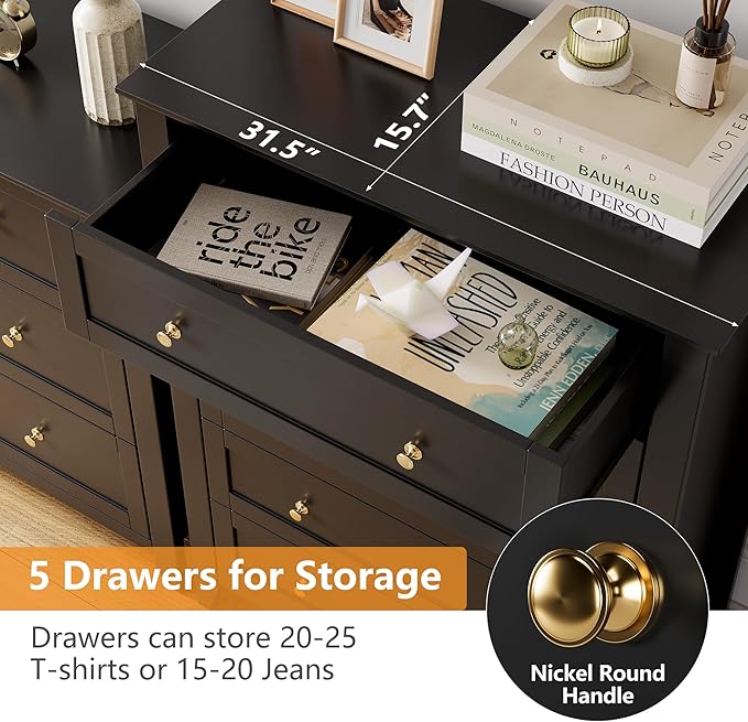 Modern 5 Drawers Dresser for Bedroom, Tall Wood Chest of Drawers for Clothes, Big Storage Dressers Organizer with Gold Handles & Deep Drawers, Living Room, Closet, Hallway, Black