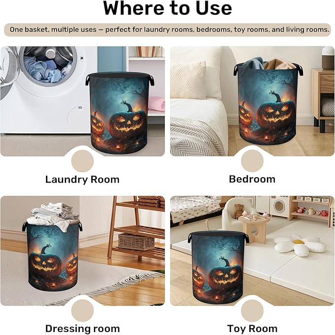 Pumpkin Halloween Laundry Basket - Heavy Duty 60L Dirty Clothes Organizer, Water Resistant Foldable Hamper for Men Women