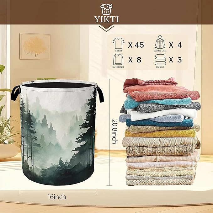 Foggy Forest Mountain Laundry Hamper,Watercolor Tree Clothes Hamper for Laundry,Waterproof Oxford Toy Storage Collapsible Hampers for Bedroom, Dorm Room,Bathroom,16x20 Inch