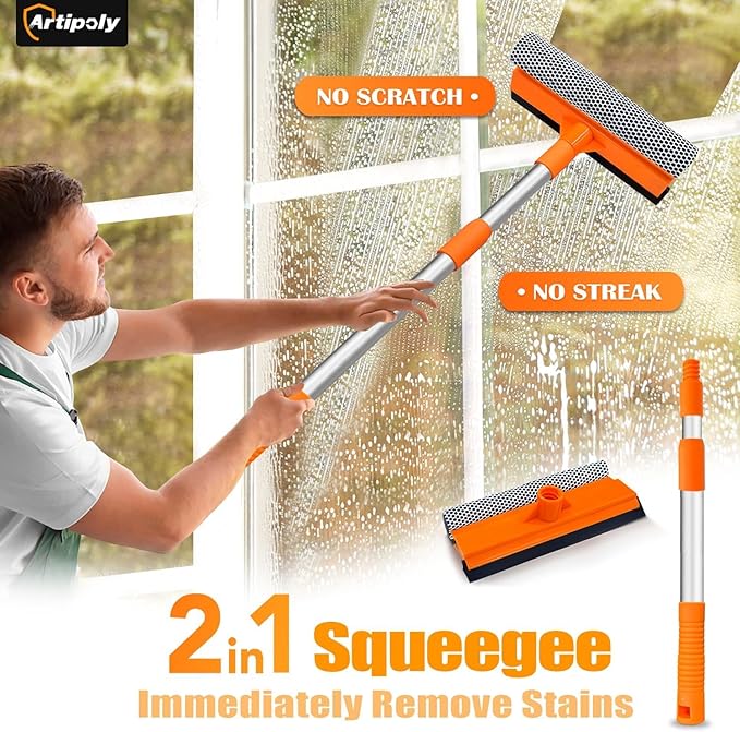ARTIPOLY Squeegee for Window | 2-in-1 Window Cleaner Sponge and Soft Rubber Strip with Telescopic Extension Pole 18”-29” | Window Washer for Shower, Car Windshield, Mirror, Glass Cleaning