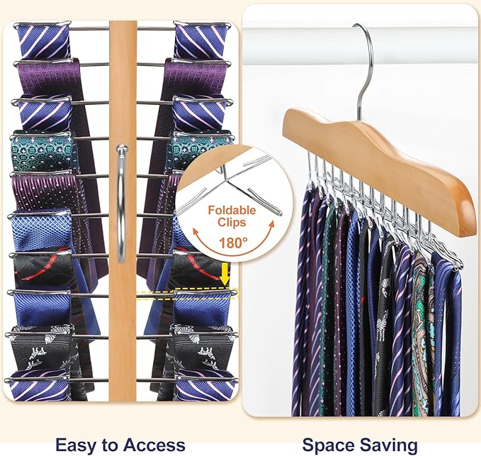 TOPIA HANGER Tie Rack Hanger for Closet, Wooden Tie Organizer for Men with 24 Folding Hooks, Space Saving Necktie Holder for Storage and Display Bra, Tank Top, Camisole (2-Pack), Natural- CT14N-2