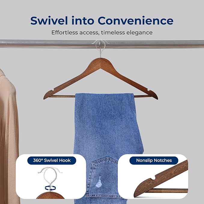SereneLife 10-Pack Vintage Wooden Suit Hangers – Premium Solid Wood Coat Hangers with 360° Swivel Hook & Notches – Heavy-Duty, Space-Saving Design for Shirts, Jackets, Dresses & More