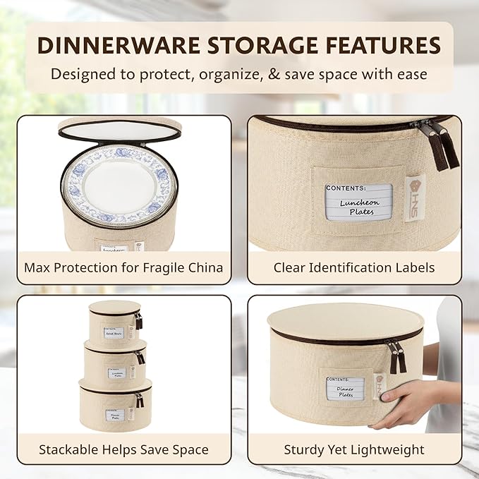 China Storage Hard Shell Containers 5-Piece Set Moving Boxes for Dinnerware, Glasses, Plates, Mugs and Saucers Sturdy Dish Organizer with Dividers for Seasonal Storage - Service for 12 - Beige