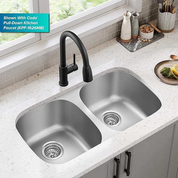 KRAUS Premier 32-inch Undermount 50/50 Double Bowl 18-Gauge Stainless Steel Kitchen Sink with Strainers (x2), KBU22