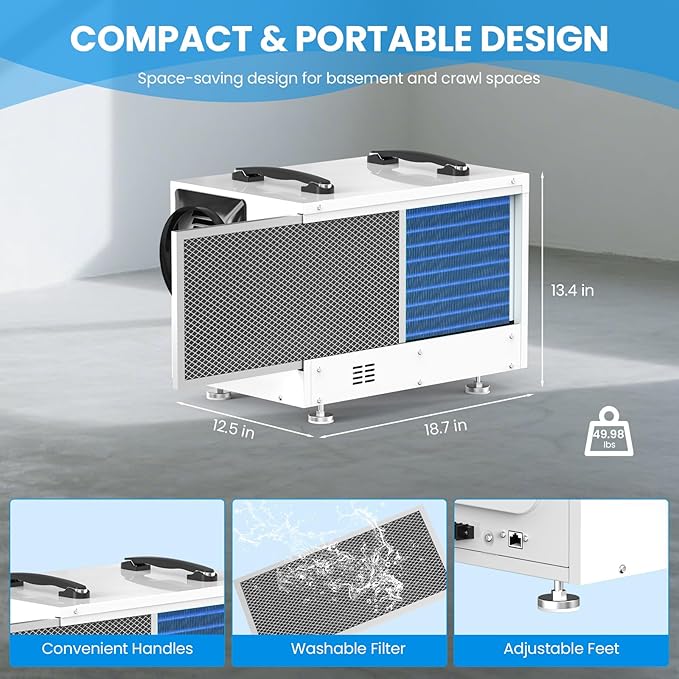 CADPXS Crawl Space Dehumidifier with Pump, 125 Pints Commercial Dehumidifiers with Drain Hose, Dehumidifier for Crawlspace, Basements & Water Damage Use, Auto Defrost, Memory Restart, cETL Listed