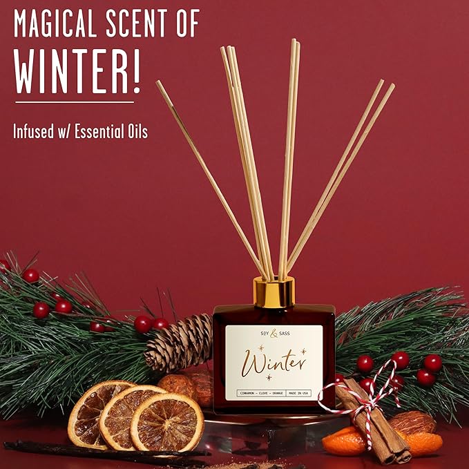 Winter Diffuser, Christmas Diffuser - w/Cinnamon, Clove & Orange I Infused w/Essential Oils I3.75 OZ Oil I Christmas Décor I Long-Lasting Scent Lasts 4-6 Month's I Made in The USA