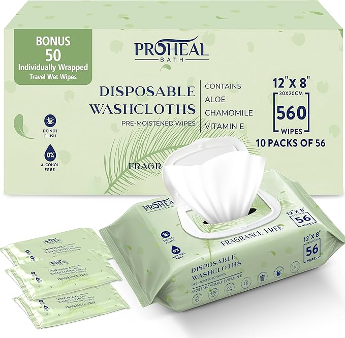 X Large Wet Wipes for Adults - Case of 10 Packs of 56 [560 Count] Disposable Incontinence Wipes, 12" x 8" Body Wipes for Elderly – Bonus 50 Individually Wrapped Travel Wet Wipes