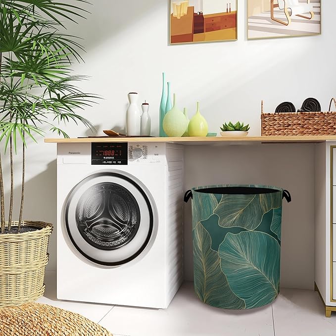 Palm Leaf Golden Laundry Hamper,Tropical Dirty Clothes Laundry Basket with Handles Waterproof Oxford Cloth Storage Basket for College Dorms Bathroom Bedroom 16" x 20.8"