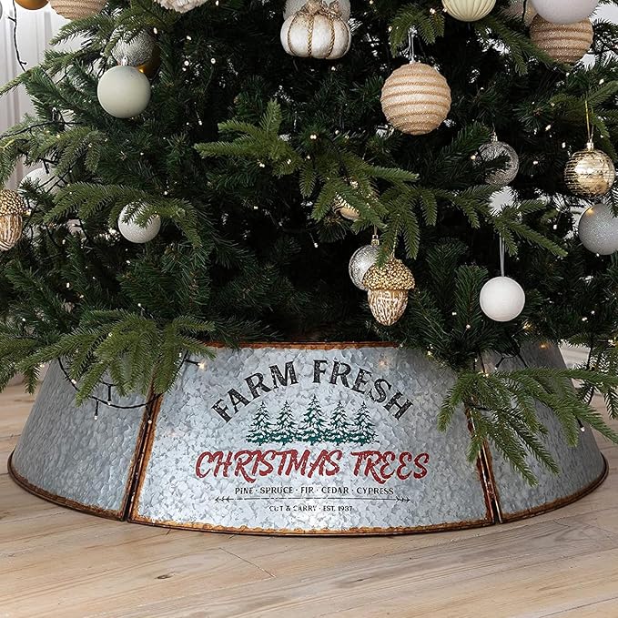 Hallops Galvanized Christmas Tree Collar - Large to Small Christmas Tree Base Cover. Adjustable Metal Skirt, Christmas Decor (Original, Super Oversize)