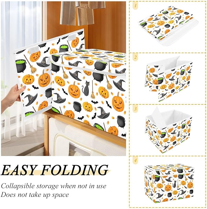 Halloween Storage Baskets Collapsible Storage Bins with Lids, Halloween Pumpkin Black Cat Ghost Bat Pattern Storage Boxes Clothes Baskets for Organizing