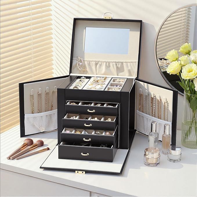 EnHomee Jewelry Box for Women, 5-Layer Large Jewelry Organizer with Mirror & 4 Drawers for Rings, Earrings, Necklaces, Bracelet Lockable Case with Lock (Black + Gold)