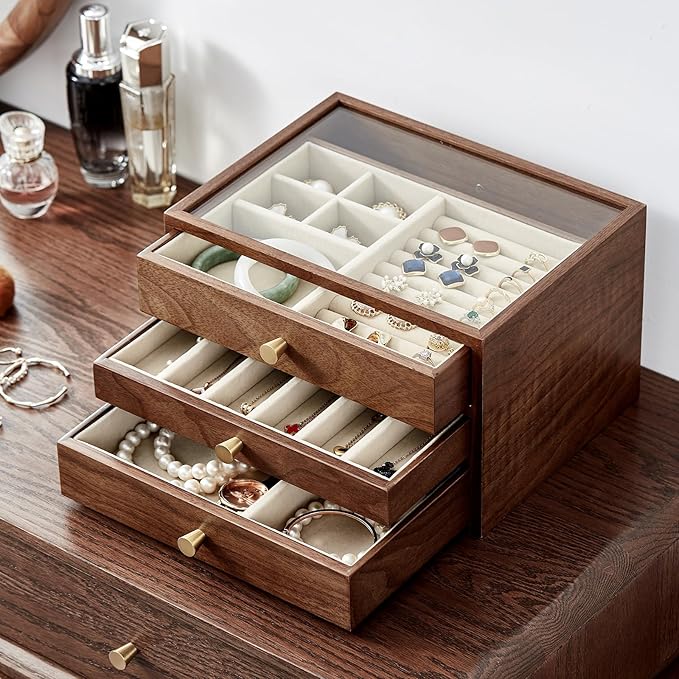 Homruilink Black Walnut Wooden Jewelry Box Women large 3 Layer Drawer Organizer Box with Glass Lid for Necklaces, Watch, Necklace, Ring, Earring Storage - Christmas Gifts