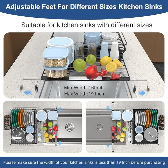 ULAIHOMN Extendable Dish Drying Rack for Kitchen Counter, Rustproof Stainless Steel Dish Rack with 360° Swivel Spout, Large Capacity Expandable Sink Drainer for Bowls, Pots, Silverware - Black