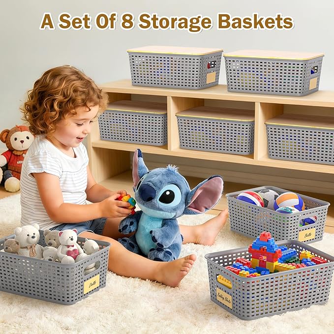 Stackable Storage Basket: Plastic Storage Bins, Baskets for Organizing, Pantry Decorative Containers for Closets, Cabinets, Shelves(8 Pack, Grey)
