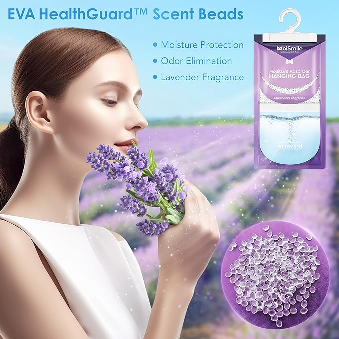 Moisture Absorbers 10 Pack Lavender Fragrance, Hanging Closet Dehumidifier Bags, Humidity Absorber, Compact Eliminates Odors Humidity Packs for Car, Bathroom, Bedroom, Basement, 9.8OZ