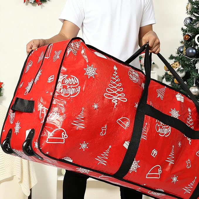 HOMEST Christmas Tree Storage Bag, Fits for 7.5-9 ft Xmas Artificials, Zippered Bag with Reinforced Carrying Handles and Wheels, Red Pattern (Bag Only)