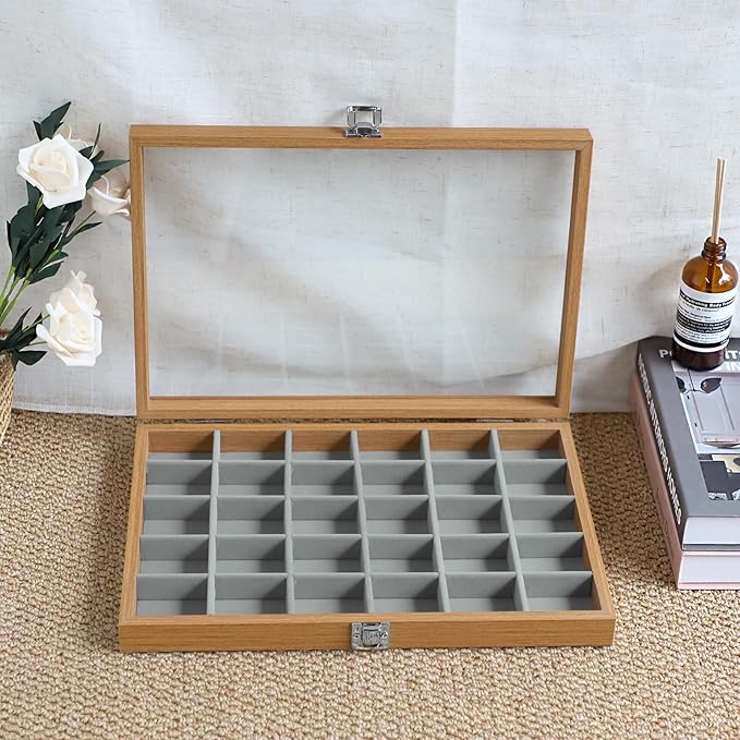Wudygirl Jewelry Box for Women Wooden Jewelry Organizer 30 Grid Jewelry Box with Hinged Lid Earring Holder Organizer Jewelry Tray for Rings Bracelets Brooches (Gray 30 Grid)