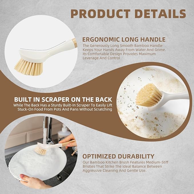 DEBETOOL Dish Brush with Built-in Scraper - 4 Pack Bamboo Dish Scrubber Brush with Handle, Kitchen Brushes for Dishes & Pots, Sink, Eco Cleaning Tool Set