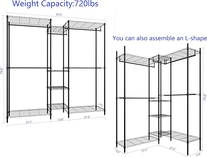 Heavy Duty Clothes Rack for Hanging Clothes, Metal Garment Rack，Large Capacity Portable Clothing Rack，Freestanding Open Wardrobe Organizer Rack, 67.0"L x 13.8"W x 75.6"H Max Load 720LBS, Black