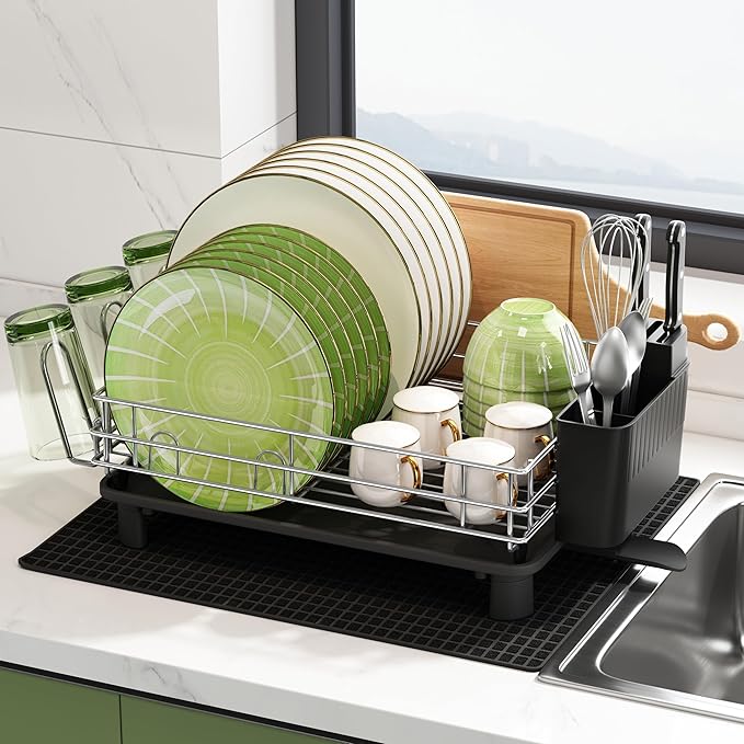 BOOSINY Grey Stainless Steel Dish Drainers Drying Rack for Kitchen Counter with Drainboard, Rust Proof Metal, Space Saving, Modern Aesthetic, Compact Plates Strainers with Extra Mat