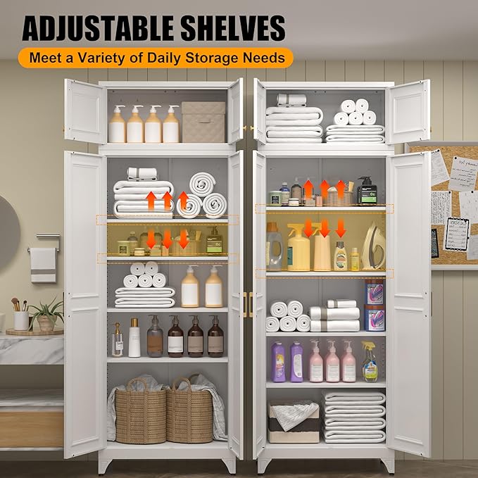 Kitchen Pantry Storage Cabinets, 90" Tall Metal Storage Cabinet with Doors and 4 Shelves, White Pantry Cabinet, Utility Kitchen Cupboard, Large Steel Cabinets for Dining Room, Office, Living Room